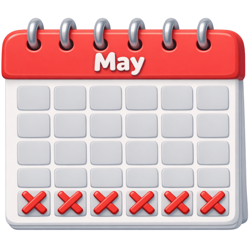 The month of May on a calendar with red x's through the last week.