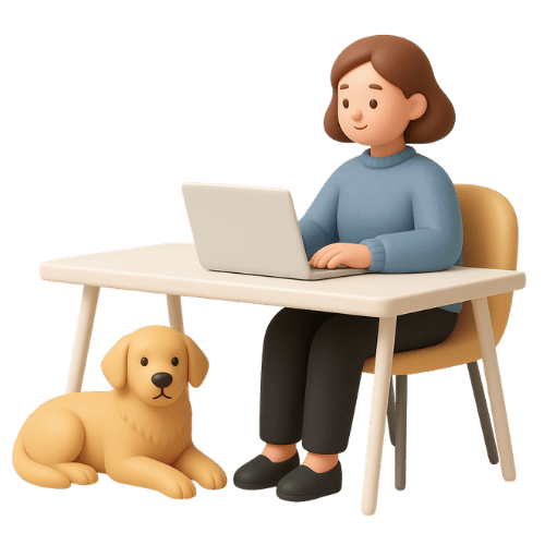 Person working on their office desk, with their support animal sitting next to them.