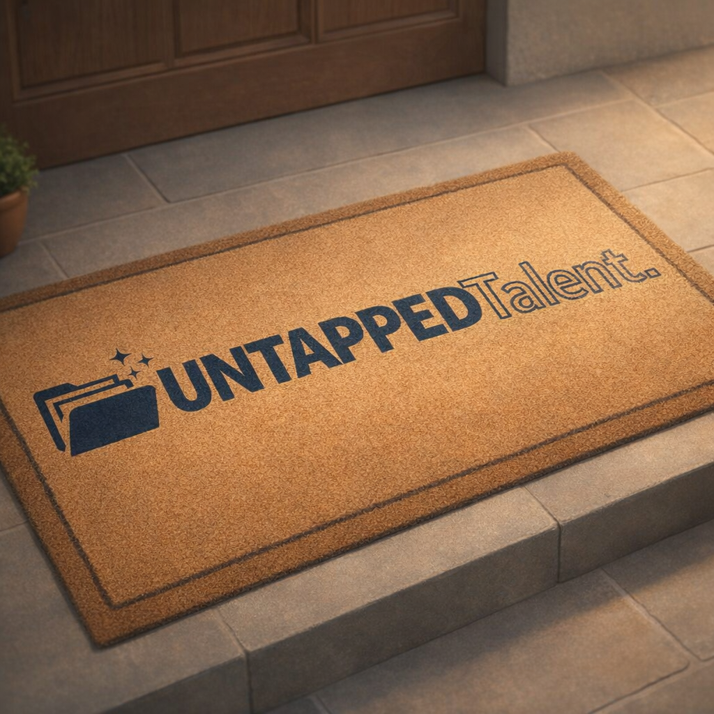A welcome mat with the Untapped Talent logo on it.