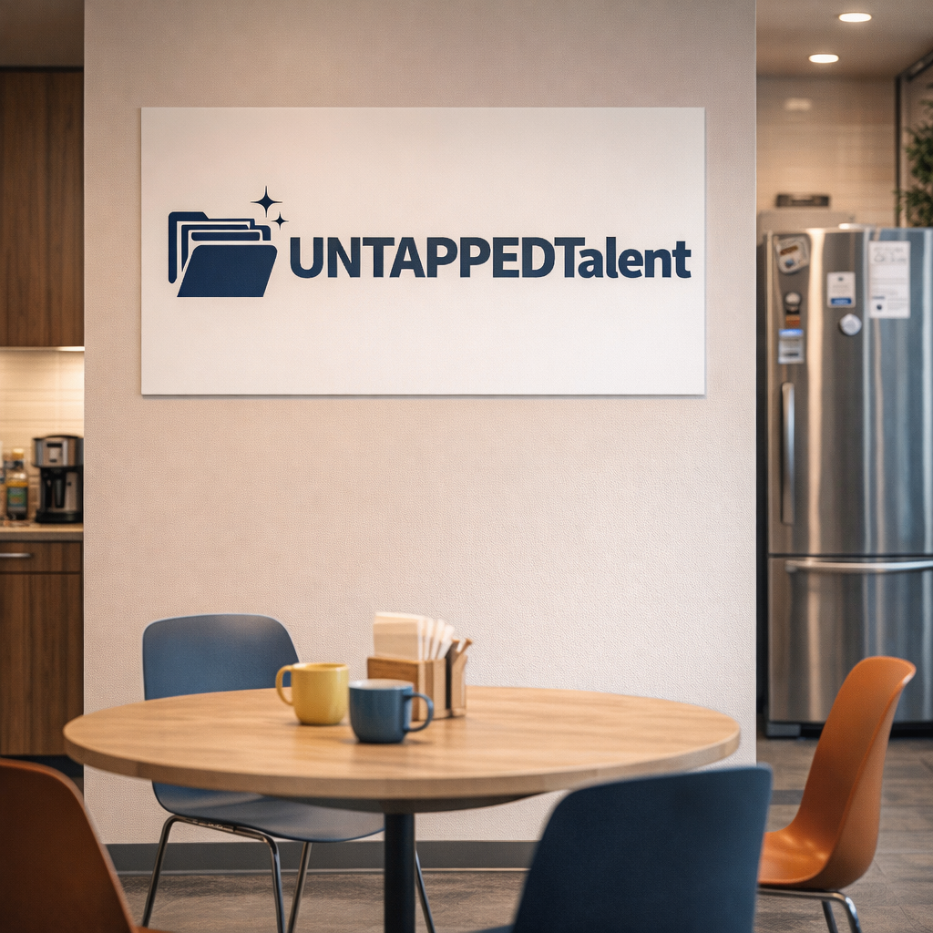 A break room with a poster of Untapped Talent.