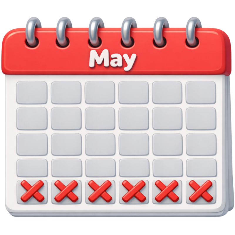 The month of May on a calendar with red x's through the last week.